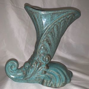 Gonder Pottery 8" Cornucopia Vase H-84 Teal Exterior Shell Pink